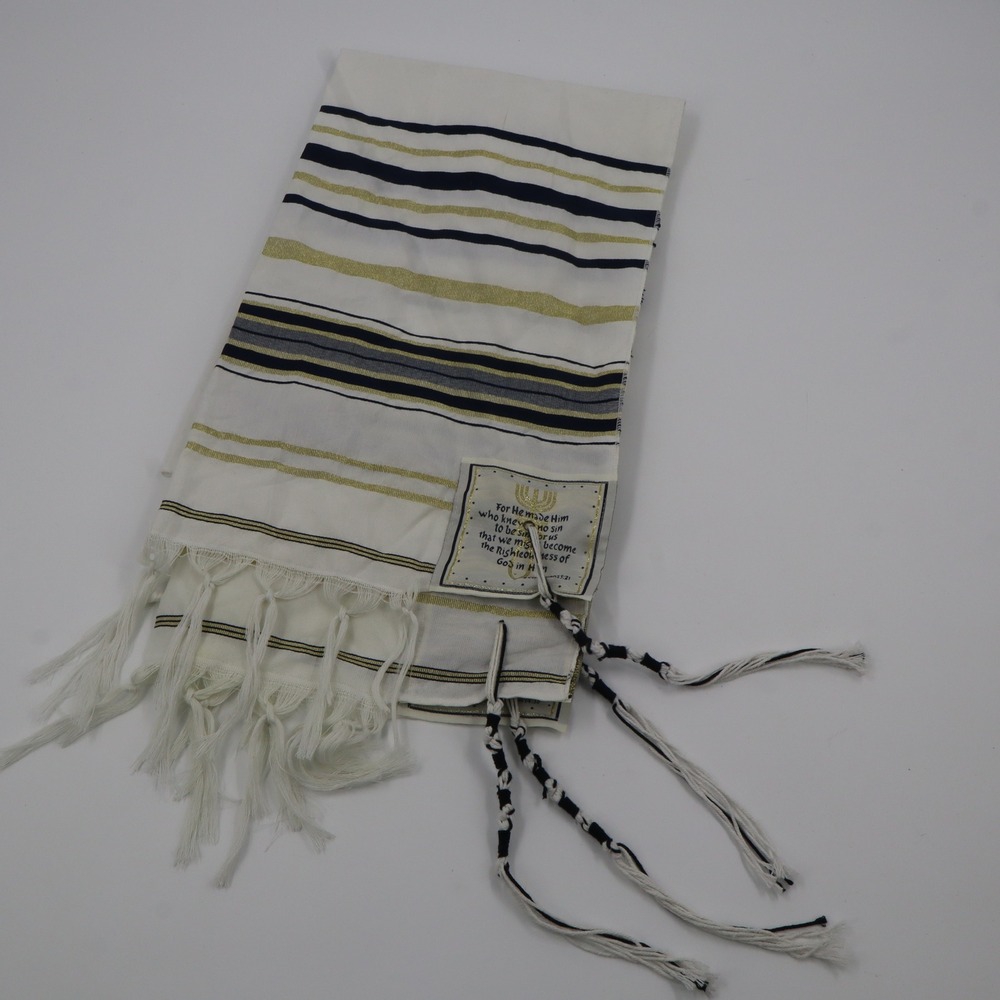 Messianic Tallit Prayer Shawl Unisex Large Cream Gold Navy Scripture‎ Stripes